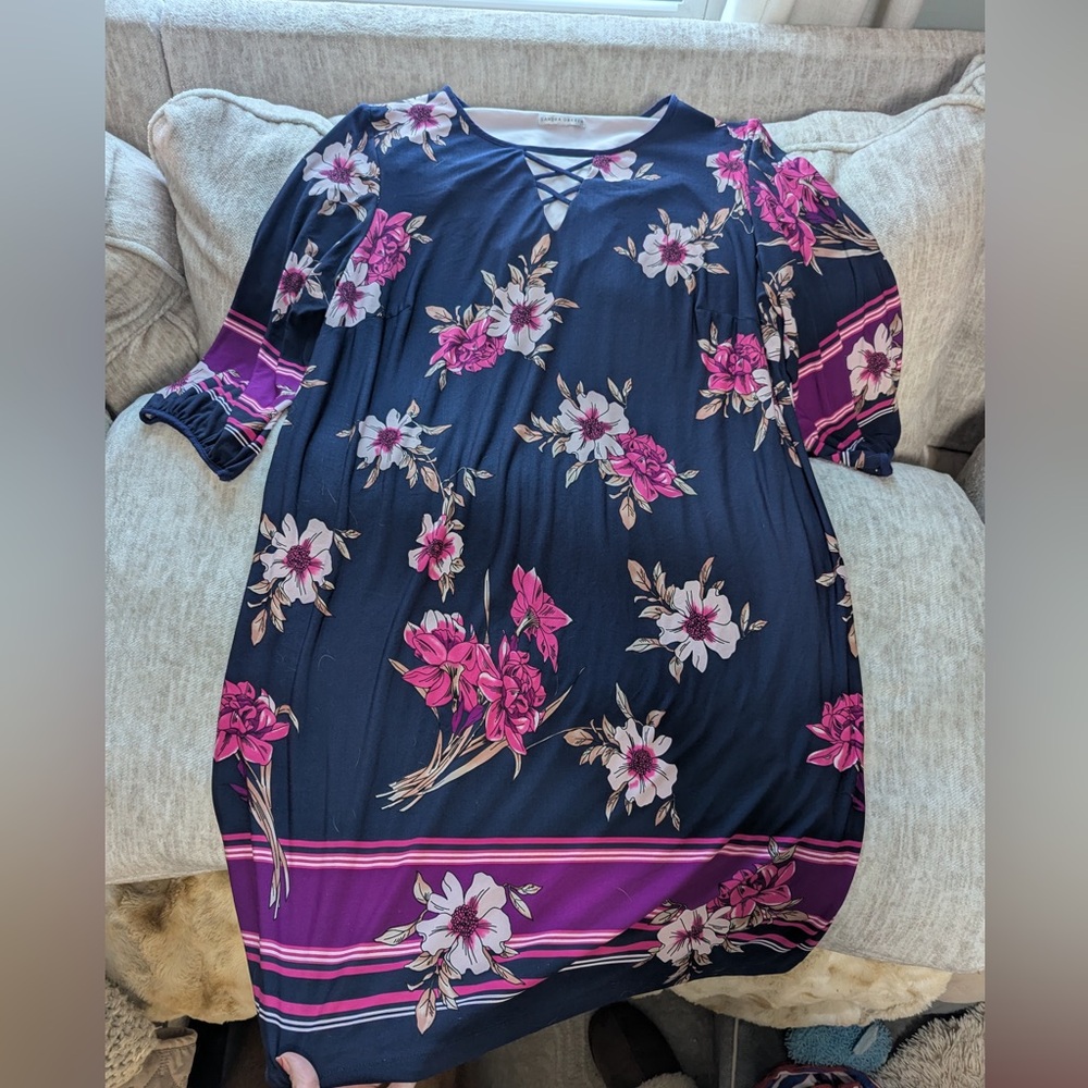 Sandra Darren Navy and Pink Floral Dress